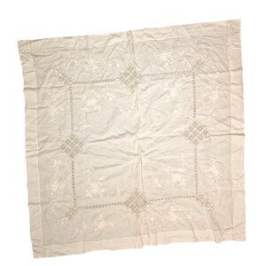 Vintage White Linen Tablecloth With Floral Embroidery & Crochet Details 48x48 In